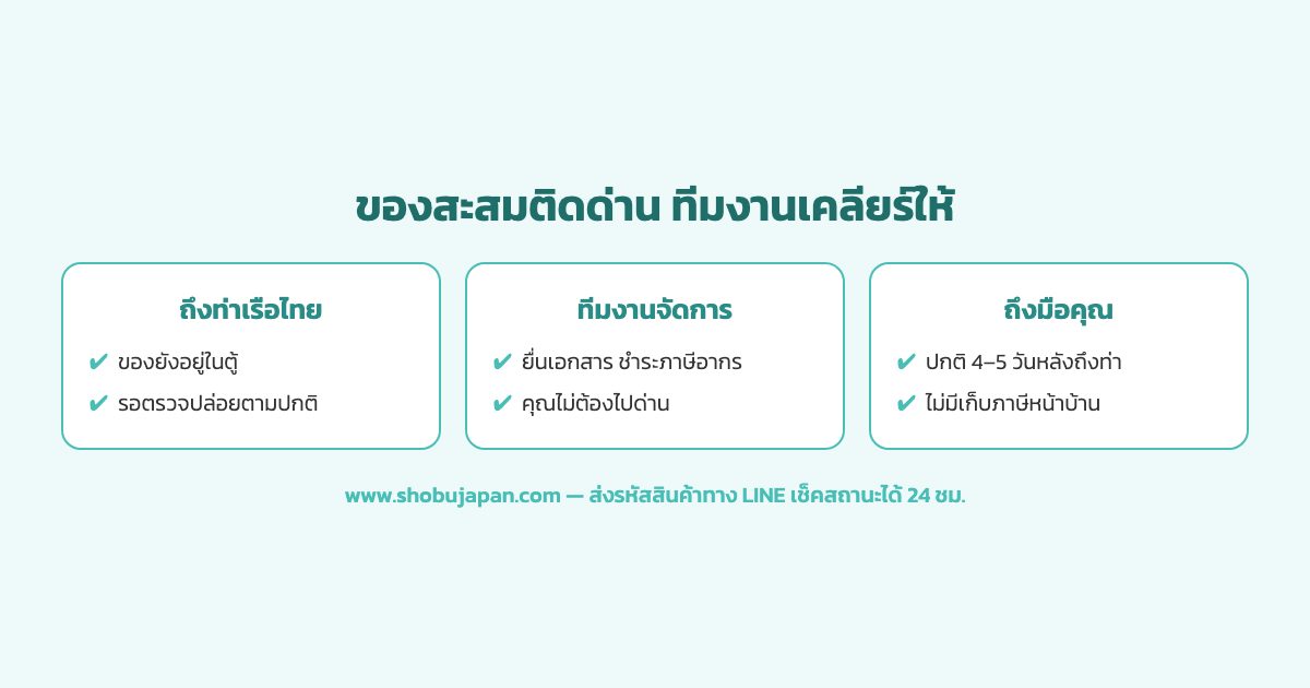 ขั้นตอนตรวจปล่อยของสะสมจากญี่ปุ่นที่ท่าเรือไทย ตู้ถึงท่า ทีมงานยื่นเอกสาร ศุลกากรตรวจปล่อย เข้าโกดังไทย และจัดส่งถึงบ้าน
