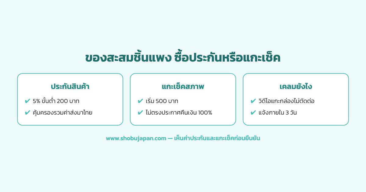 เปรียบเทียบประกันสินค้ากับบริการแกะเช็คสภาพสำหรับของสะสมจากญี่ปุ่น ประกันคุ้มครองระหว่างขนส่ง แกะเช็คคุ้มครองความตรงประกาศ