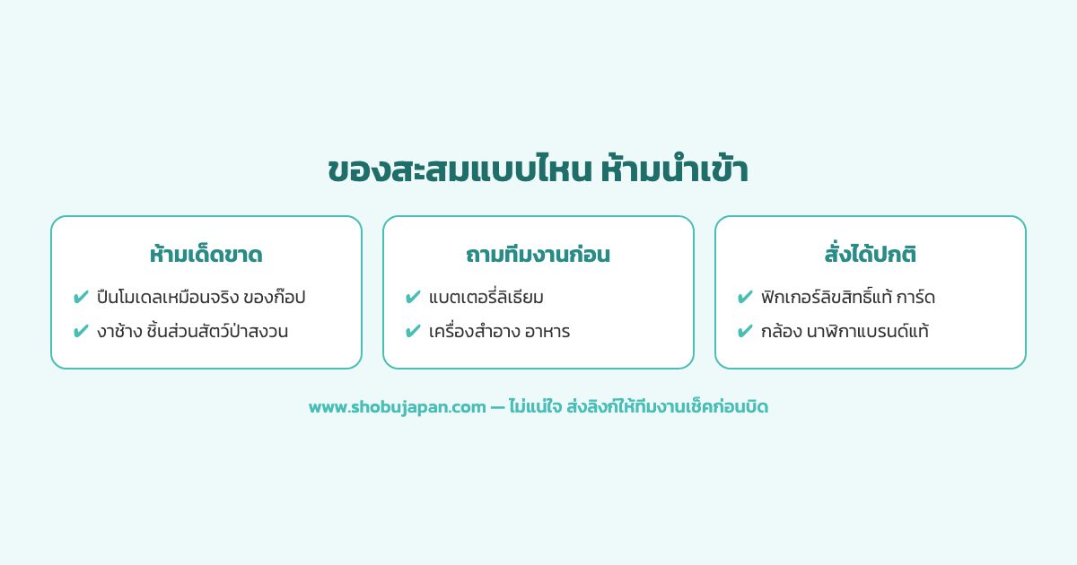 แผนภาพแยกของสะสมจากญี่ปุ่น 3 กลุ่ม ห้ามนำเข้าเด็ดขาด นำเข้าได้แต่มีเงื่อนไข และนำเข้าได้ปกติ